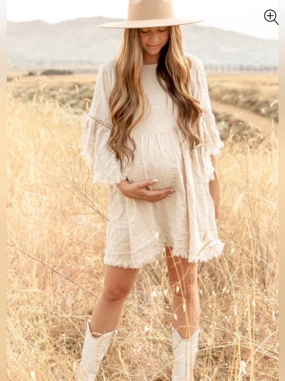 Pink Blush Beige Raw Edge Bell Sleeve Babydoll Maternity Dress